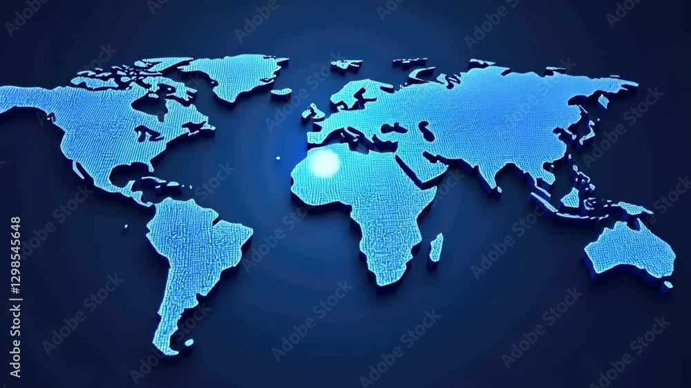 Poster global perspective: a 3d-rendered world map, illuminated with a soft blue glow, emphasizes interconn