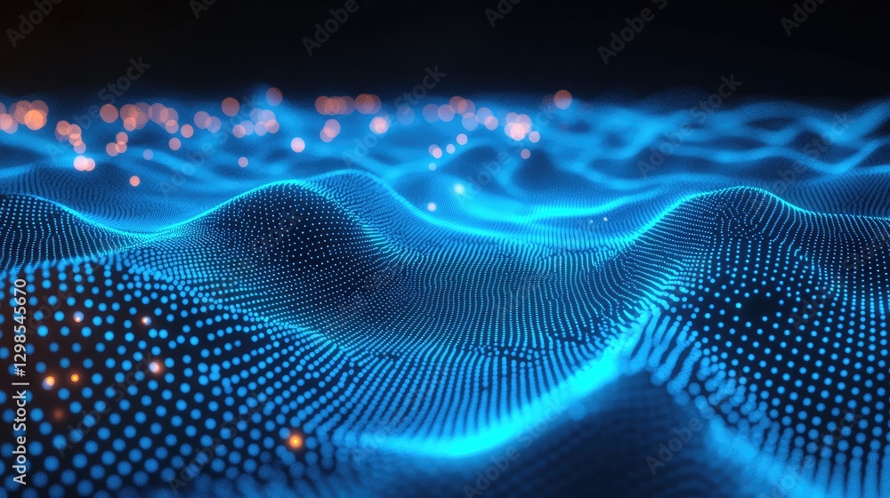 Poster a mesh of interconnected glowing points forming a dynamic digital landscape.