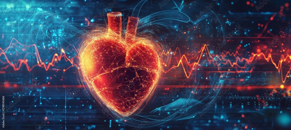Poster glowing human heart with pulsating red light and dynamic ecg waveform on technology background
