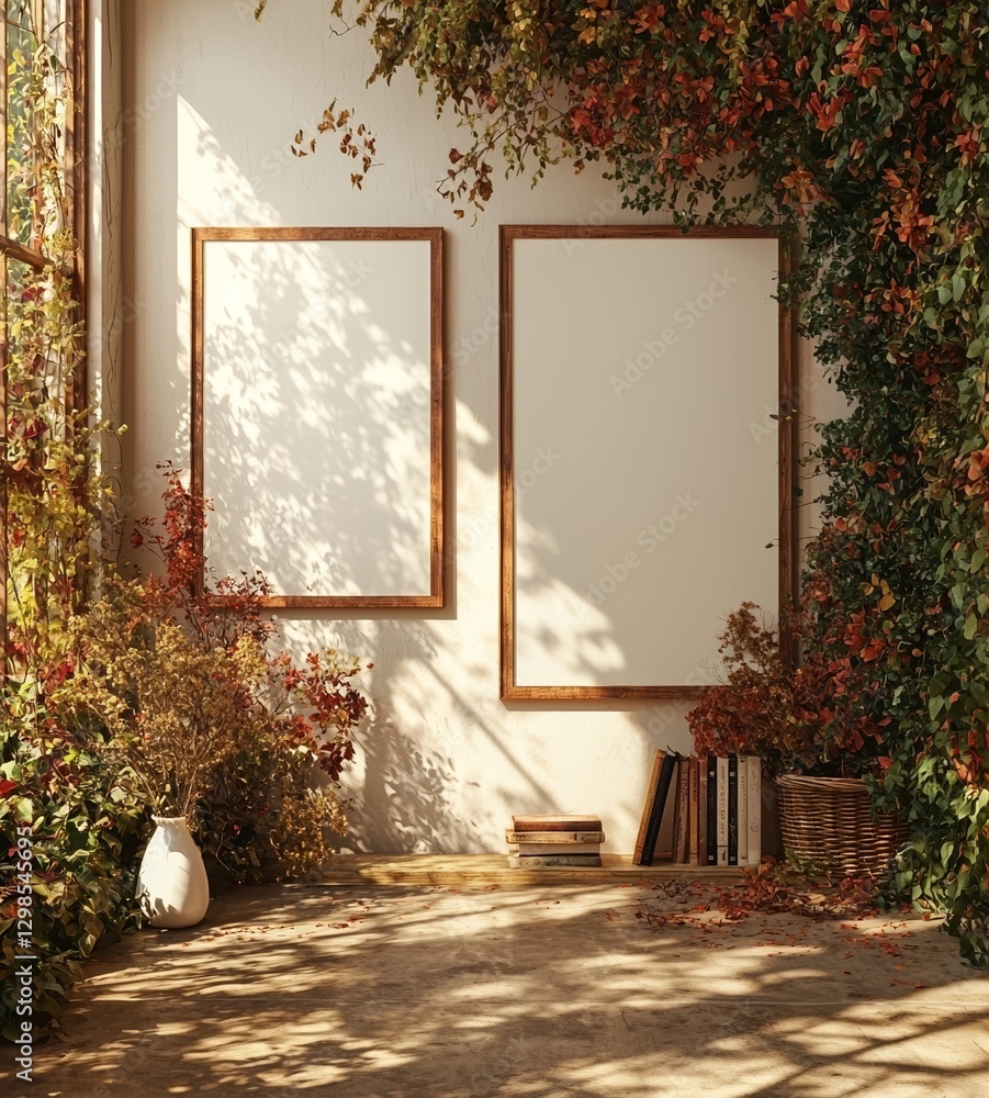 Aufkleber a close-up of a mockup poster frame on a wall with decor, created using 3d rendering