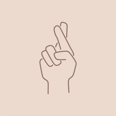 Gesture of luck. Two crossed fingers. Korean lucky sign. Outline icon Illustration of hand. 