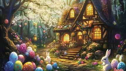 Fototapeta premium Whimsical Easter-Themed Painting of Old Forest Cottage Surrounded by Colorful Eggs and Bunnies, Soft Lighting, Magical Woodland Clearing, Dreamy Atmosphere