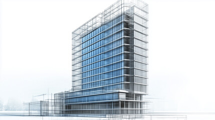 Full-view high-rise skyscraper architectural rendering, displayed in an innovative blueprint style with a detailed steel frame model of a modern glass office building