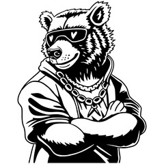 Cool bear in hoodie and sunglasses. Black and white illustration perfect for t-shirt design, clipart, silhouette, sticker, tattoo, cut file, digital art.