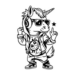 Cool unicorn in streetwear style, wearing sunglasses, headphones, and a hoodie. 