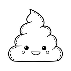 Cute kawaii poop emoji outline in black and white