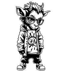 Cool goat character in a hoodie and sneakers. Stylish  animal illustration,  clipart, cut files, and designs.
