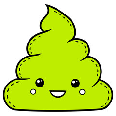 Cute green poop emoji with a kawaii smiling face. Fun cartoon-style vector illustration, perfect for stickers, memes, emojis, humorous designs, social media, and digital artwork.