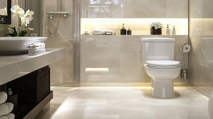 Fototapeta premium A modern white toilet set in a spacious bathroom with soft neutral-colored walls, gentle lighting, and elegant design elements.