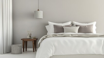 A neatly arranged bed with soft white linen sheets, light gray pillows, and a cozy comforter, set against a calm, neutral-colored bedroom wall.