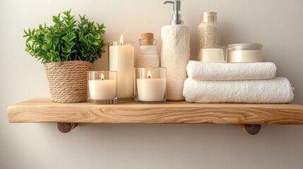 A neutral-colored bathroom shelf with a variety of toiletries, candles, and a small plant, offering a calm and tidy appearance.