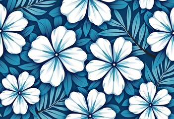 Hawaiian Vector Simplicity: A Blue and White Floral Pattern with Flat Colors, Clean Lines, and a Simple Art Style, Perfect for a Tropical Vibe.

