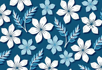 Blue & White Hawaiian Blooms: Simple Vector Art Pattern with Flat Colors, Showcasing Tropical Flowers in a Clean, Shadow-Free and Gradient-Free Style.

