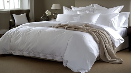 A serene bedroom with a king-sized bed featuring a crisp white duvet, soft pillows, and an elegant throw blanket placed at the foot.
