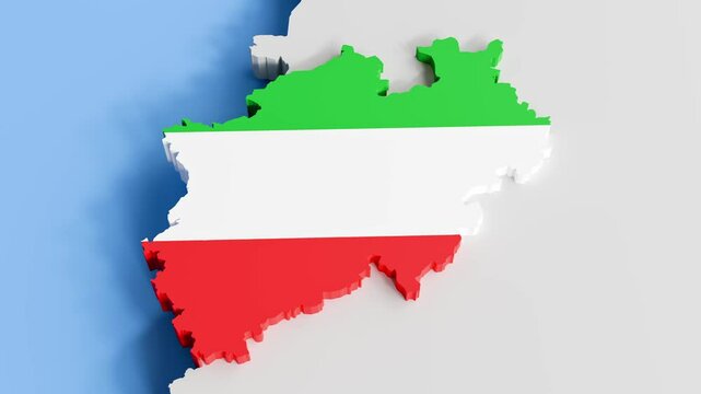 Germany and its states. Camera panning and zooming in on the state North Rhine-Westphalia (Nordrhein-Westfalen) covered according to official flag.