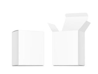 Realistic white open and closed paperboard box mockup. Front view. Vector illustration isolated on white background. Taking your 2D designs into 3D. Can be use for pharmacy, cosmetic, food. EPS10.