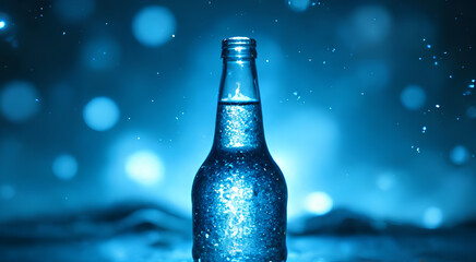 Blue sparkling bottles blue backdrop