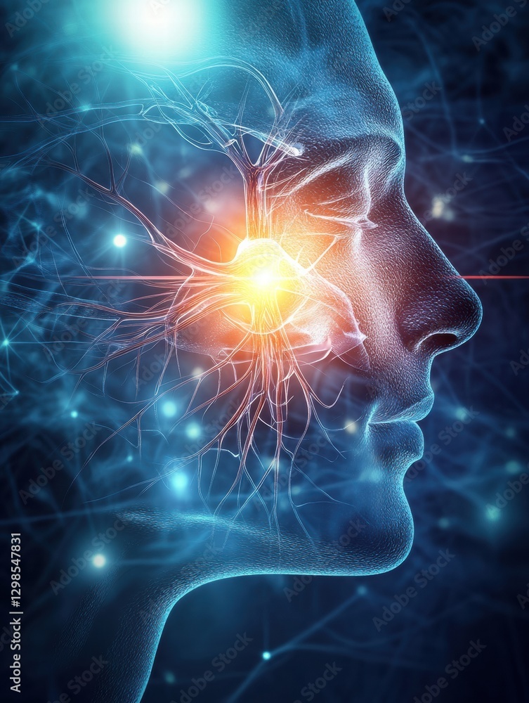 Poster human silhouette with neural connections and glowing light elements representing thought and conscio