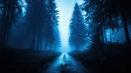 Naklejka premium Foggy road through a dark blue forest.