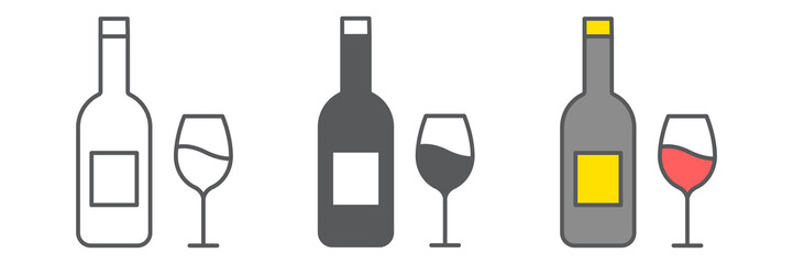 Wine icon collection, beverage and celebration, Wine bottle with wine glass vector icon set, vector graphics, editable stroke outline sign, eps 10.