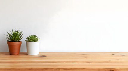 Minimalist Greenery: Two potted succulent plants sit atop a wooden surface against a clean backdrop, blending simplicity and organic beauty to bring peace.