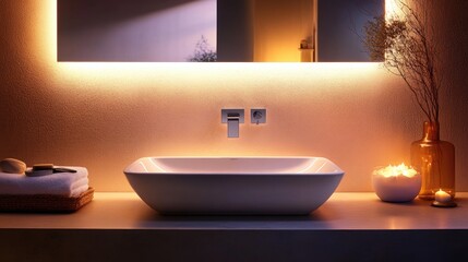 A stylish, modern bathroom sink with a rectangular design, smooth white surface, and soft lighting creating a calming environment.