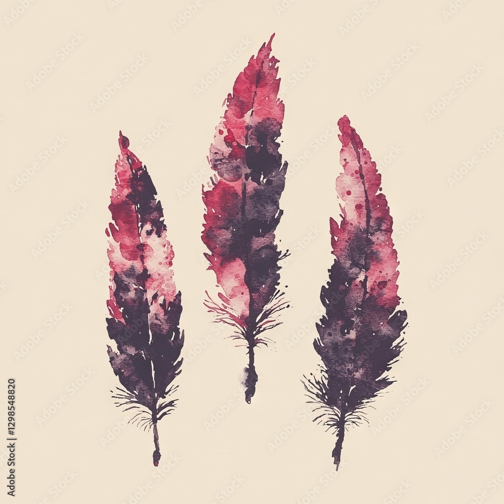 Poster natural birds feathers form a boho pattern in a watercolor style, complete with a seamless texture a
