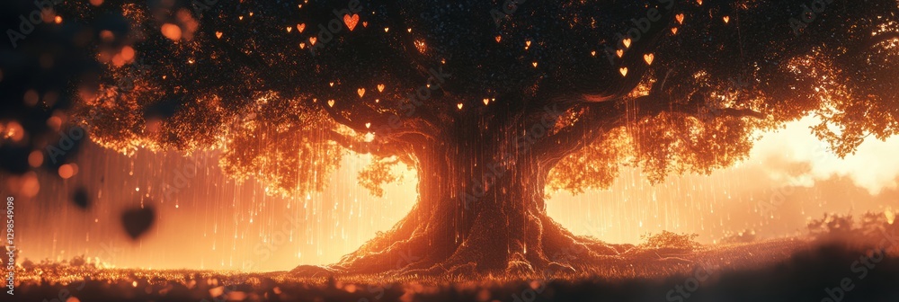 Poster majestic tree adorned with heart shaped leaves against a glowing sunset in a tranquil setting. gener