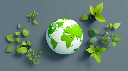 Stylized Digital Illustration of Globe with Green Continents, Surrounding Leaves and Plants, Symbolizing Nature, Sustainability, and Environmental Themes