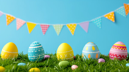 Colorful Easter eggs on grass and a blu sky