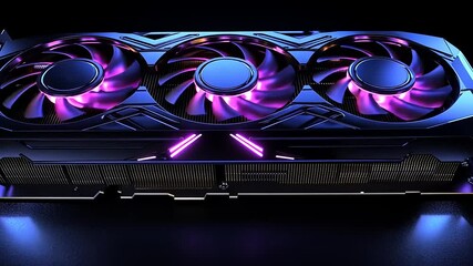High-performance graphics card with vibrant cooling fans, showcasing advanced technology design