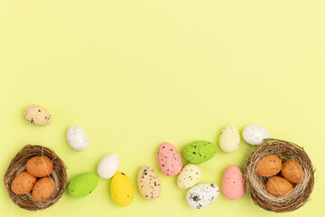 Easter decor elements on a yellow background