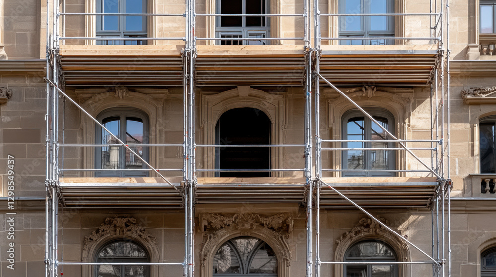 Poster scaffolding, scaffolding encircling a historical building in high fidelity detail for architecture a