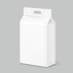 Realistic stand bag with hole handle mockup. Half side  view. Vector illustration isolated on grey background. Suite for the presentation of diapers, wet wipes, pants changing mats.EPS10.