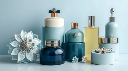 Elegant Still Life Photograph of Perfume Bottles in Various Shapes, with Decorative Flowers and Soft Blue Background.