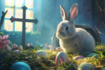 Easter bunny surrounded by colored easter eggs and cinematic lighting
