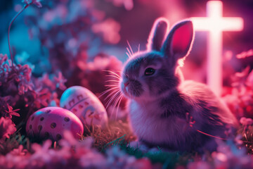 Easter bunny surrounded by colored easter eggs and cinematic lighting