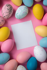 Easter flatlay on pink background of colored easter eggs and a blank card with copy space