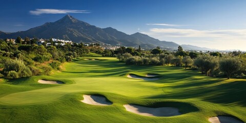 Luxurious golf course set against a stunning mountain backdrop in Marbella on a sunny afternoon