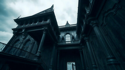 Dramatic High-Contrast Photograph of Gothic-Style Building with Tall Columns, Pointed Arches, Overcast Sky, and Ominous Atmosphere