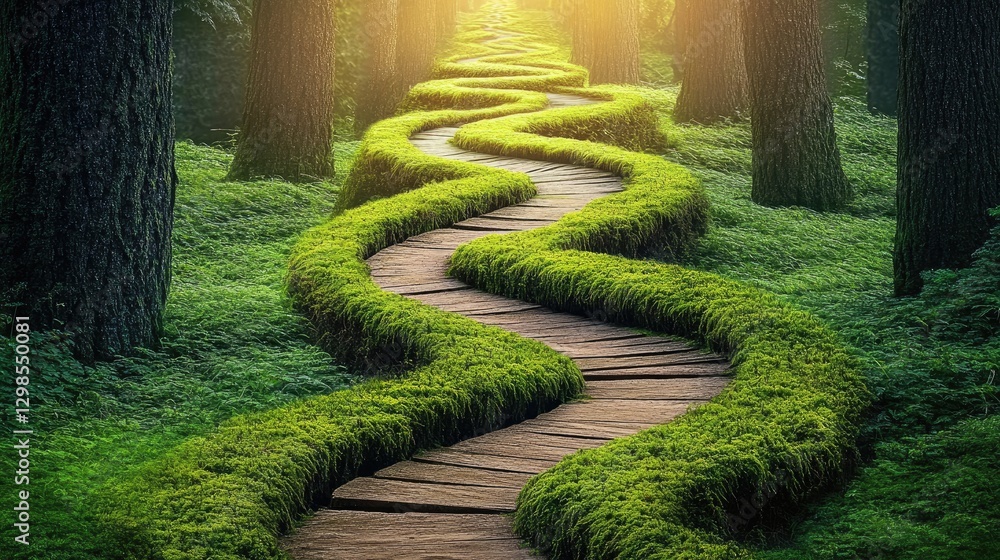 Poster a winding path through an enchanted forest, sunlight filtering through moss-covered trees, mysteriou