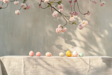 Colorful Easter eggs arranged on atable under a blooming cherry tree