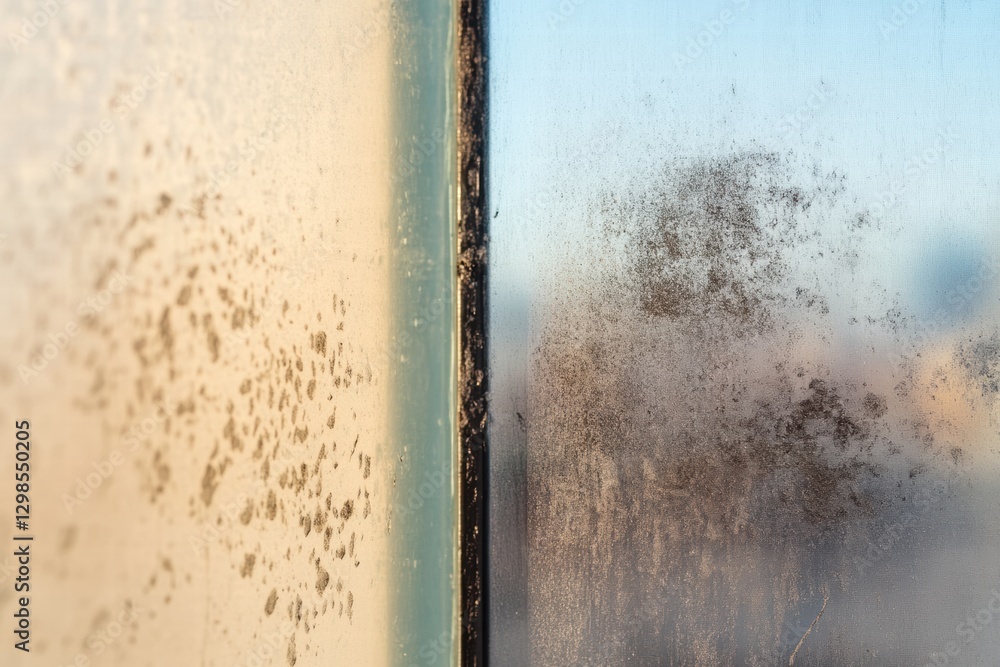 Aufkleber Close up view of moisture on glass revealing patterns and textures during early morning light in an urban environment. Generative AI