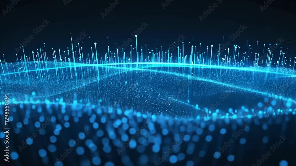 Poster blue data abstract with neon lines wave particles in motion on black background