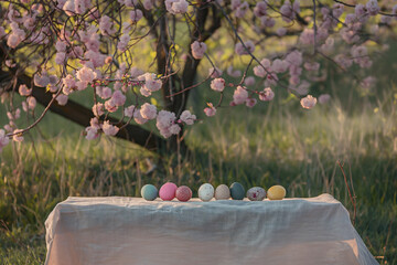 Colorful Easter eggs arranged on atable under a blooming cherry tree