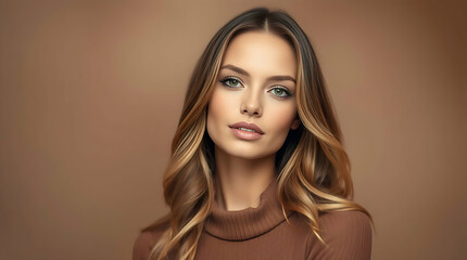 Studio Portrait of Woman with Long Wavy Hair, Green Eyes, Natural Makeup, Brown Turtleneck, Soft Lighting, and Elegant Atmosphere