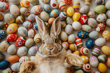  Smiling easter bunny laying on back with a lot of decorated eggs