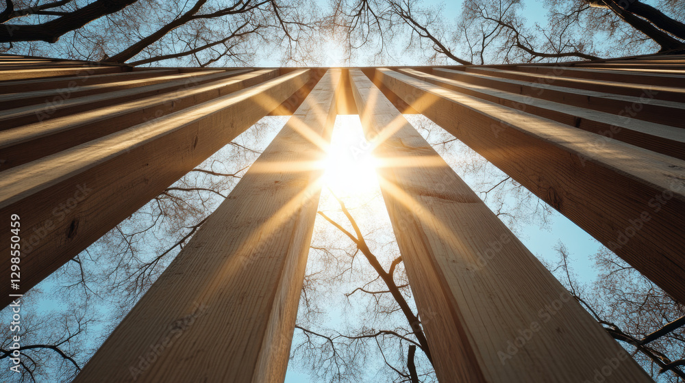 Poster scaffolding, sunlight illuminating scaffolding creates long shadows in a high-fidelity image. perfec