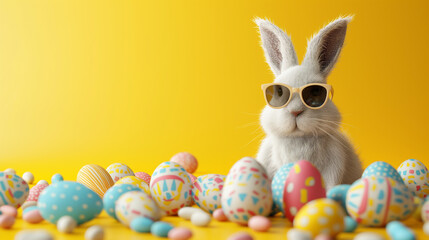 White Easter bunny wearing sunglasses and surrounded by colorful eggs on a yellow background