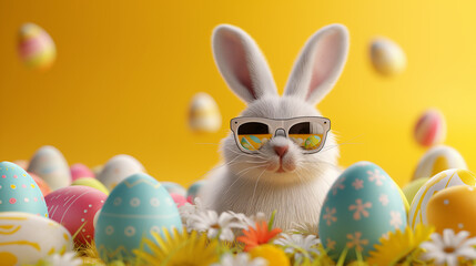 White Easter bunny wearing sunglasses and surrounded by colorful eggs on a yellow background